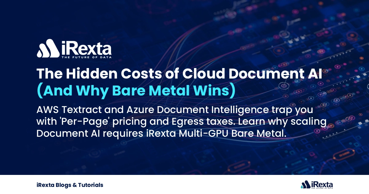 A visual comparison showing the skyrocketing per-page costs of cloud Document AI versus the flat-rate infinite processing power of iRexta bare metal servers.