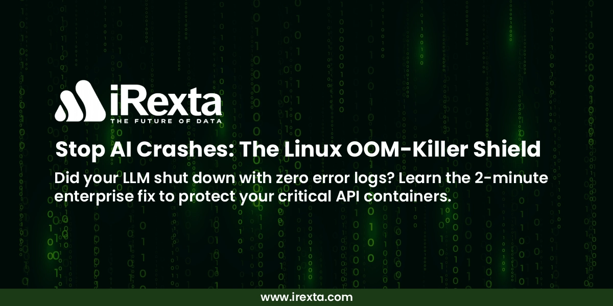 Green binary code on a dark background with iRexta logo and text: 'Stop AI Crashes: The Linux OOM-Killer Shield' and a solution offer.