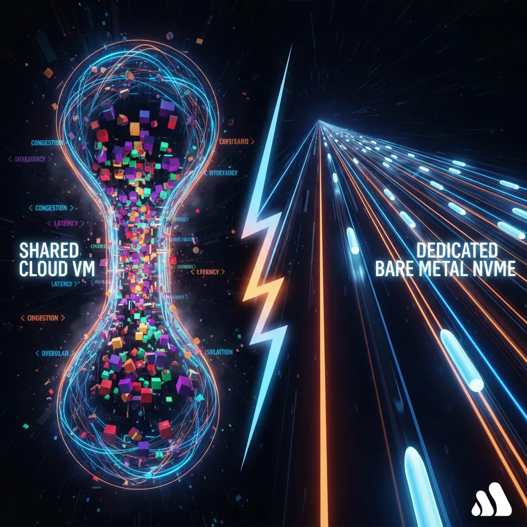 Visual representation of Cloud noisy neighbor latency vs dedicated bare metal storage performance